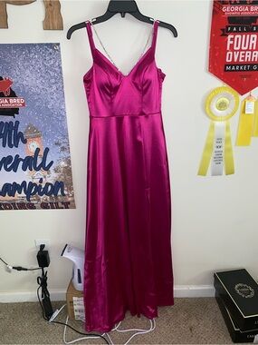 Fuchsia Satin Slip Dress with Chain Straps